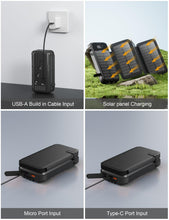 Carregar imagem no visualizador da galeria, Solar Power Bank 27000mAh,Cargador Portátil con 4 Cargadores Plegables de Panel Solar Externo,4 Cables Integrados,Batería Solar Externa USB C con 2 Linternas LED, para iPhone,Tablets(Negro)
