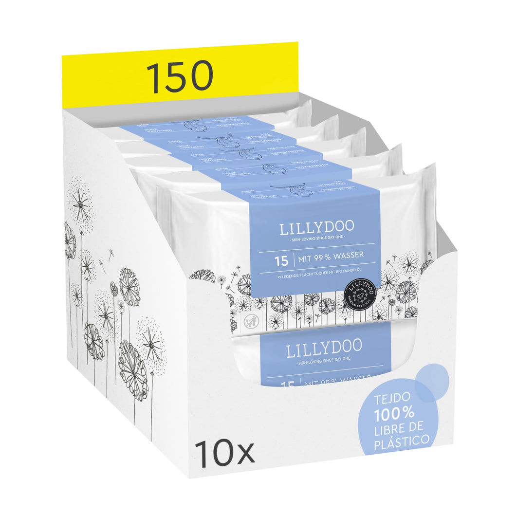 Toallitas húmedas para bebés LILLYDOO con un 99% de agua, 10 paquetes de 15 (150 unidades), 100% libres de plástico sin perfumes y tan suave como el algodón y el agua