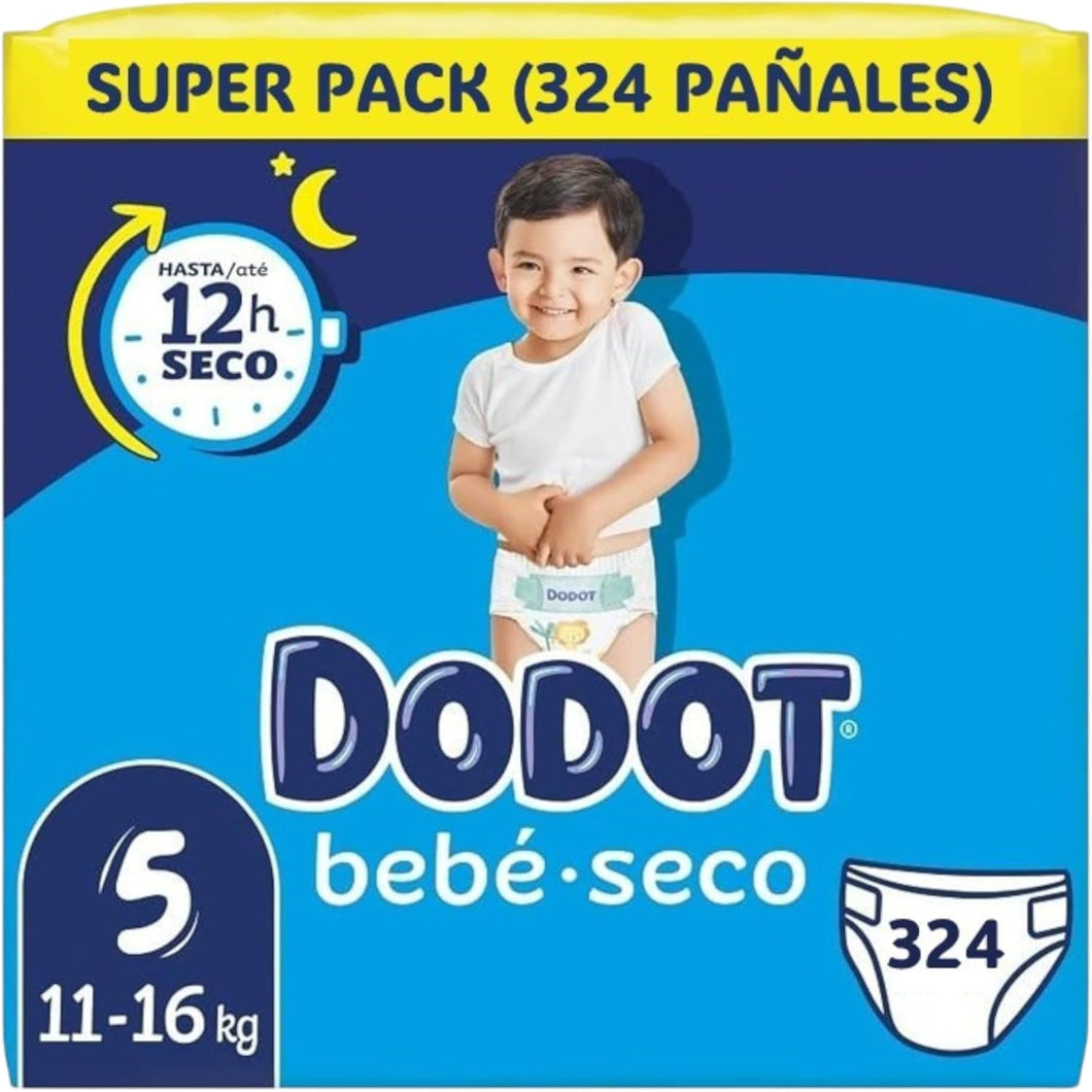 Dodot Bebé Seco Tamanho 5 (11-16 kg) - Pack de 324 Fraldas Ultra Absorbentes com Tripla Proteção Antifugas, Barreira Stop Fugas e 12h seca