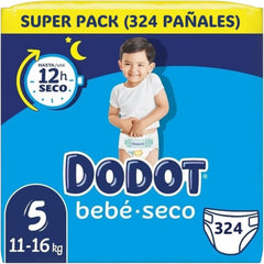 Dodot Bebé Seco Tamanho 5 (11-16 kg) - Pack de 324 Fraldas Ultra Absorbentes com Tripla Proteção Antifugas, Barreira Stop Fugas e 12h seca