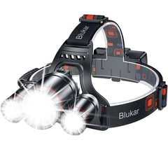 Blukar Linterna Frontal Recargable, 8000L Superbrillante Impermeable Linterna Cabeza con Roja luz de advertencia - 90° Ajustable Luz Frontal con Funcion de Zoom