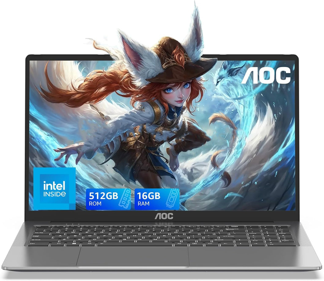 AOC Ordenador Portatil con Intel 7 [Supera al Celeron] (hasta 3,6 GHz) Notebook 15,6 Pulgadas, 16GB RAM 512GB SSD(hasta 2TB), 1080P, Portátil Negocios, 5G WiFi,BT5.2,Tipo C,USB,HDMI,Carcasa Metálica
