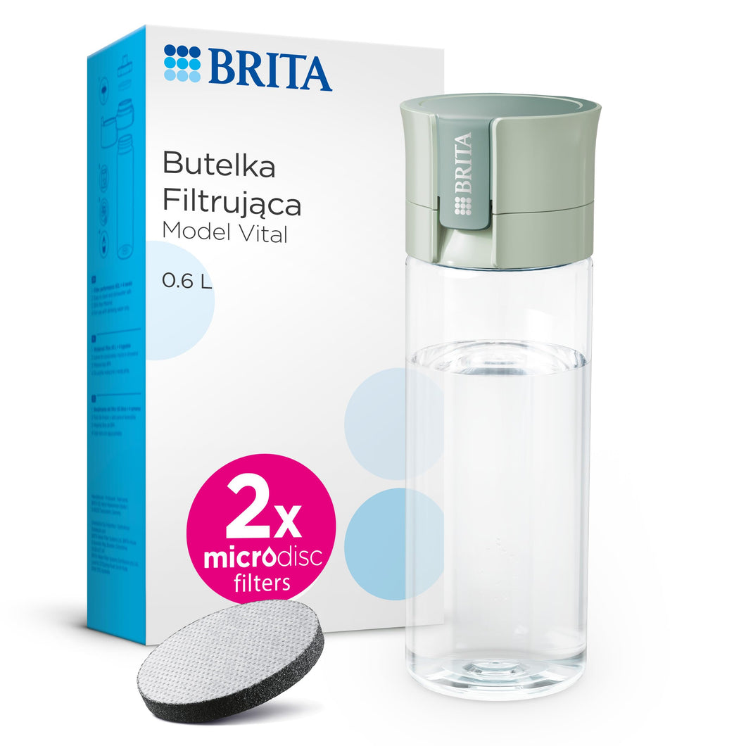 BRITA Botella filtrante de agua modelo VITAL Verde Claro (600 ml) con 2 filtros MicroDisc, para hidratarse en cualquier lugar, elimina cloro, impurezas, hormonas y preserva minerales.