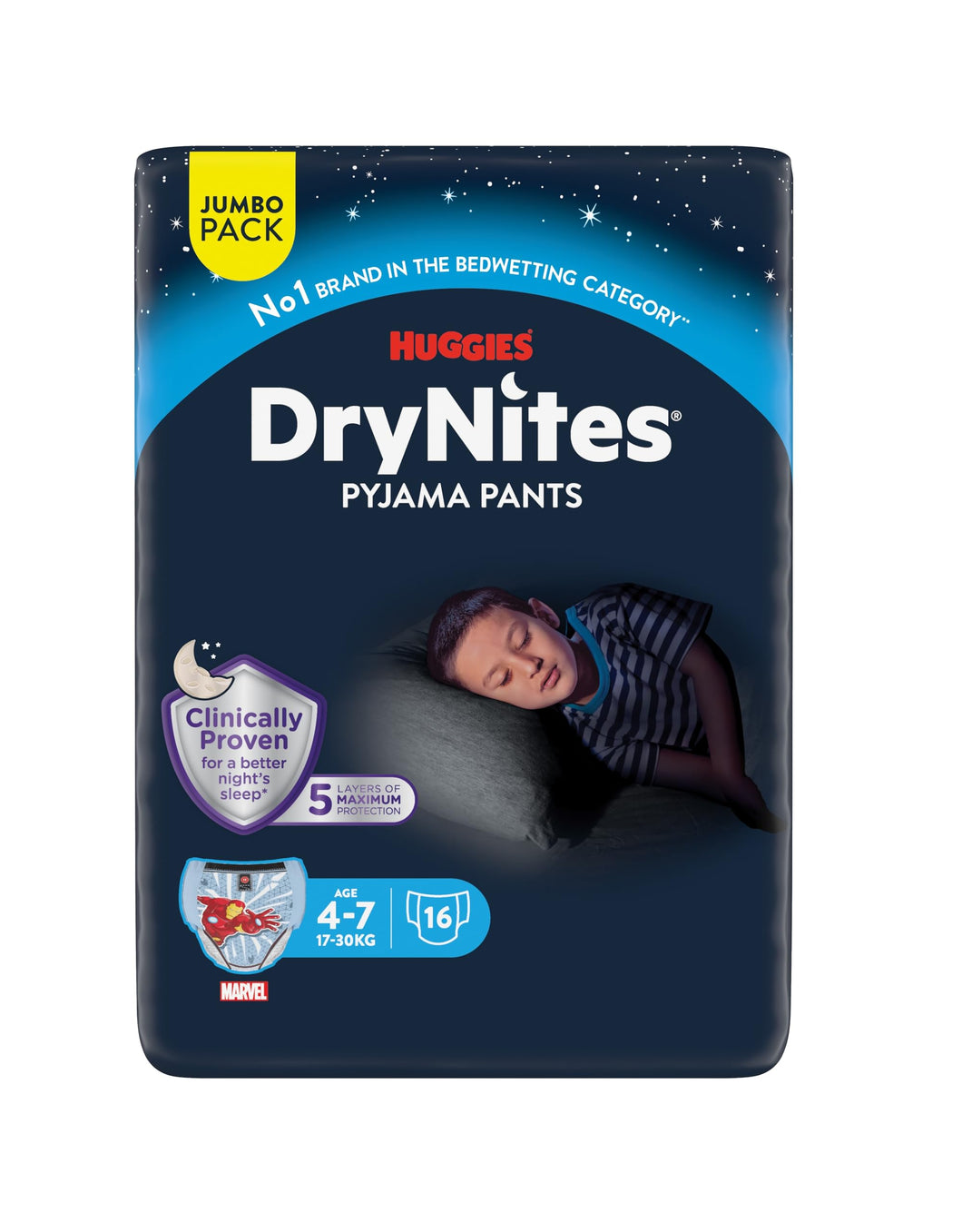 Huggies DryNites Calzoncillos absorbentes para niño 4-7 (17-30 kg), Clínicamente probado con 5 capas de protección nocturna, 16 pañales de noche