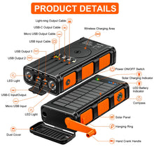 Carregar imagem no visualizador da galeria, Powerbank Solar Inalámbrico de 26800mAh con Manivela y 4 Cables, Batería Externa de Carga Rápida 3A con 7 Salidas y 4 Entradas, Linterna, Panel Solar Impermeable para Teléfono Móvil en Exteriores.
