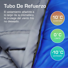 Carregar imagem no visualizador da galeria, Active Era Saco de Dormir 220 cm x 80 cm Peso 300gr - Confort 10°C a 0°C. Resistente al Agua, Relleno de Doble Capa, Cálido con Capucha y Cordón. Saco de Dormir Adulto- Azul
