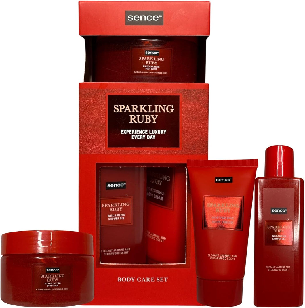 Conjunto de cuidados corporais Sparkling Ruby - Gel de banho, hidratante e esfoliante corporal - 3 peças - Rotina completa para pele macia e nutrida