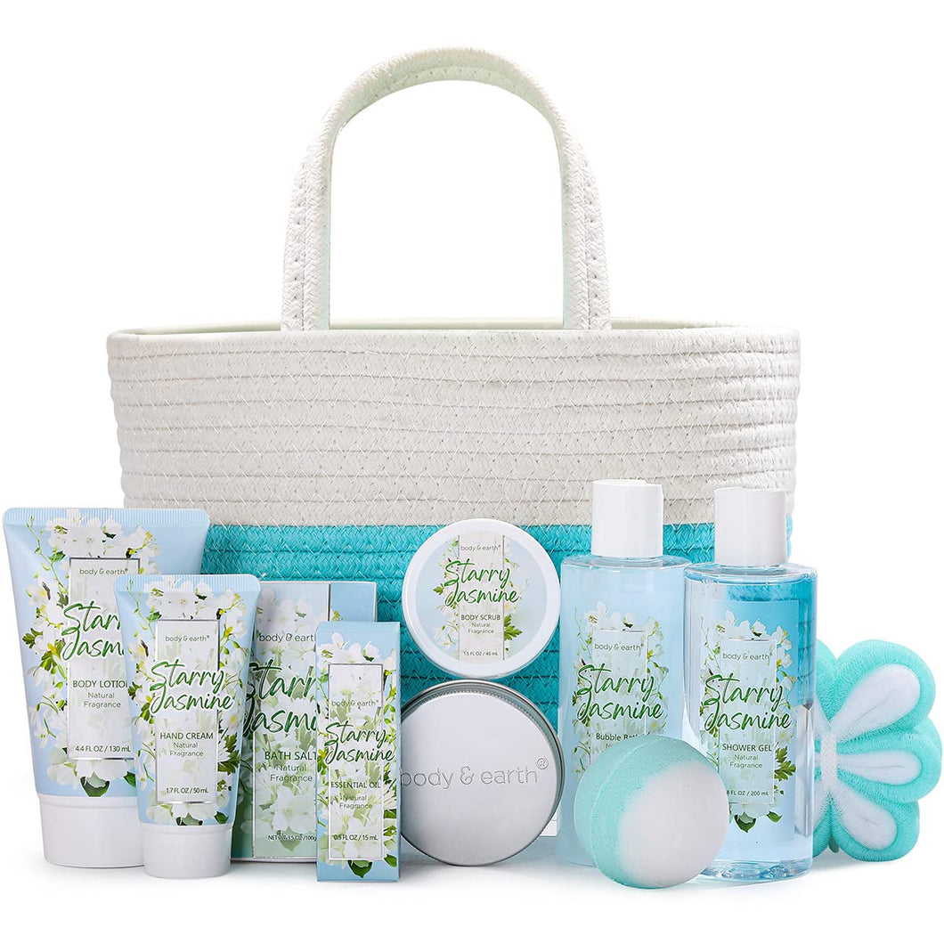 BODY & EARTH Cestas Regalo Mujer, Set Regalo Mujer Kits de Baño Spa 11 Piezas (Jazmín)