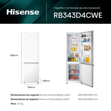 Carregar imagem no visualizador da galeria, Hisense RB343D4CWE - Frigoríficos Combi, 269L, Clase E, An 55cm x Al 180cm, Apertura de Puertas 90º, Puerta Reversible, Cajón Frutas y Verduras, Iluminación Led, Balconera de Gran Capacidad, Blanco
