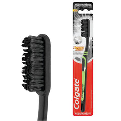 Colgate Activated Carbon Toothbrush Medium Pack of 12 for Adults | Dual Action with V-Bristles and Tongue Cleaners | Soft and Effective Manual Whitening Toothbrush