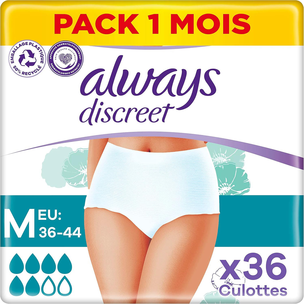 Always Discreet 0% para fugas urinárias para mulher, M x 9