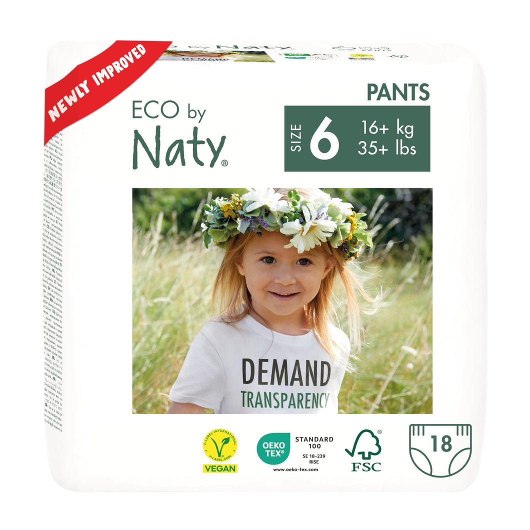 Eco by Naty Pañales Bebé Pants - Pañales braguita hipoalergénicos y sin productos químicos, absorbentes y ecológicos para niños y niñas (Talla 6 - 18 unidades)