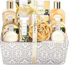 SPA LUXETIQUE Regalo para novia – Juego de regalo de 12 piezas con aroma a vainilla con sales de baño, bombas de baño, gel de ducha, crema de manos, turbante con botón, set de regalo para Navidad, Día