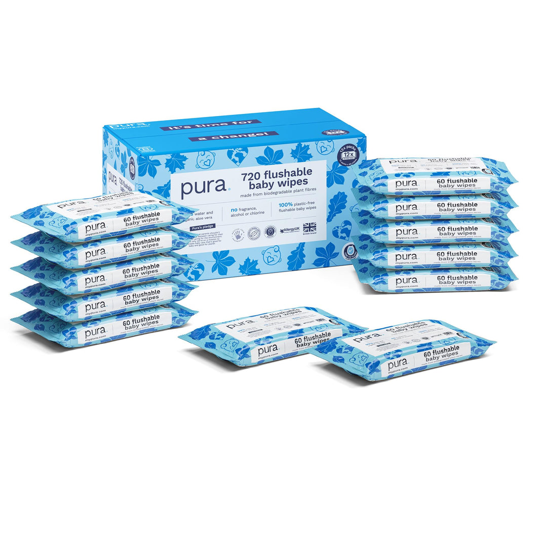 Pura Toallitas Desechables WC Para Bebés, 720 Toallitas (12 x 60 Toallitas), 100% Toallitas Húmedas Libres de Plástico, 99% Agua, Piel Sensible, Biodegradables, Algodón Orgánico