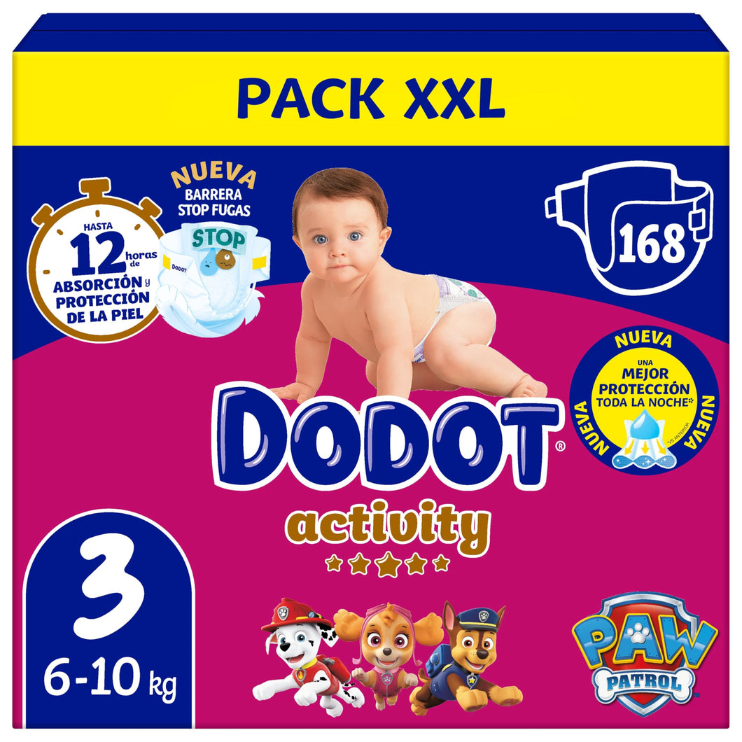 Dodot Pañales Bebé Activity Talla 3, 168 Pañales, 6kg-10kg, Nuestro n1 en absorción y comodidad