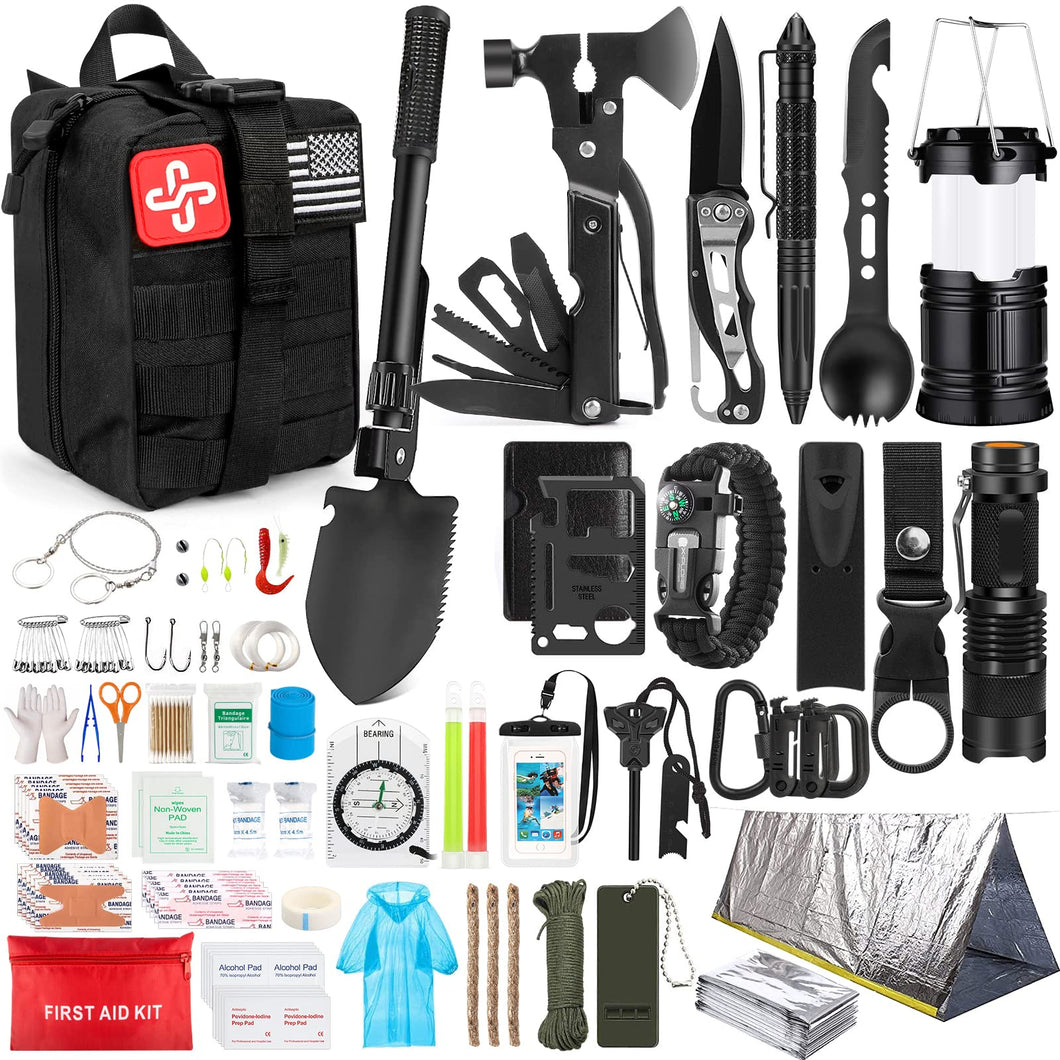 Kit de supervivencia, kit de primeros auxilios de supervivencia de 250 piezas con bolsa compatible con sistema Molle y tienda de campaña de emergencia, kit de emergencia para terremoto, aventura al