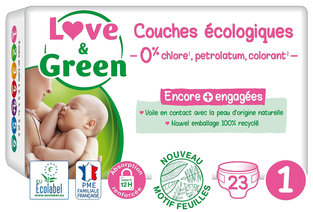 Love & Green – Pañales hipoalergénicos 0% para bebé, 23 pañales, talla 1