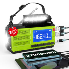 Radio de emergencia de manivela de 37000 mWh, radio de alerta meteorológica AM FM NOAA, radio solar portátil, 4 métodos de carga, linterna de 3 modos, lámpara de lectura, alarma SOS, cargador de