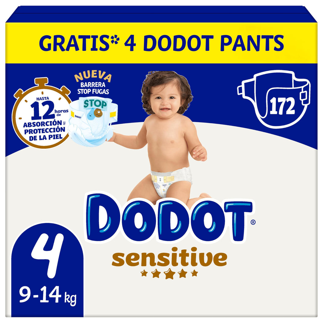 Dodot Pañales Bebé Sensitive, Talla 4 (9-14 kg), 172 Pañales + 4 Pants Regalo, Nº1 en Proteccion de la Piel de Dodot, Pack Mensual