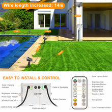 Carregar imagem no visualizador da galeria, MEIKEE Luces Solares Led Exterior Jardin 4 en 1 Focos Led Exterior Solares Impermeable IP66, 2500K-6500K Regulable, 3 Modos, 3 Brillos 5000mAh Iluminación para Jardín, Césped, Camino, Terraza
