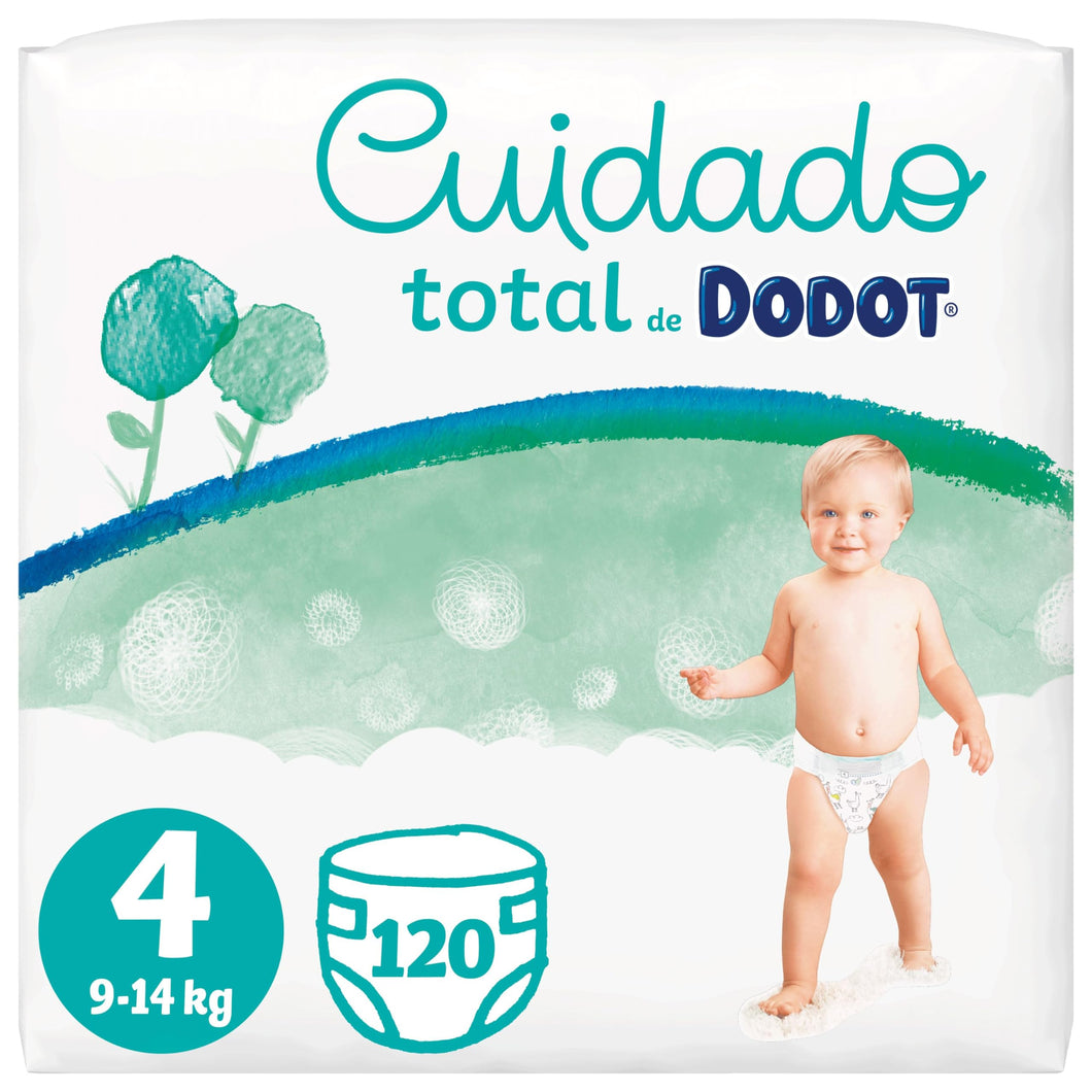 Dodot Pañales Bebé Cuidado Total Talla 4 (9-14 kg), 120 Pañales, Suave Protección de la Piel con Ingredientes de Origen Vegetal