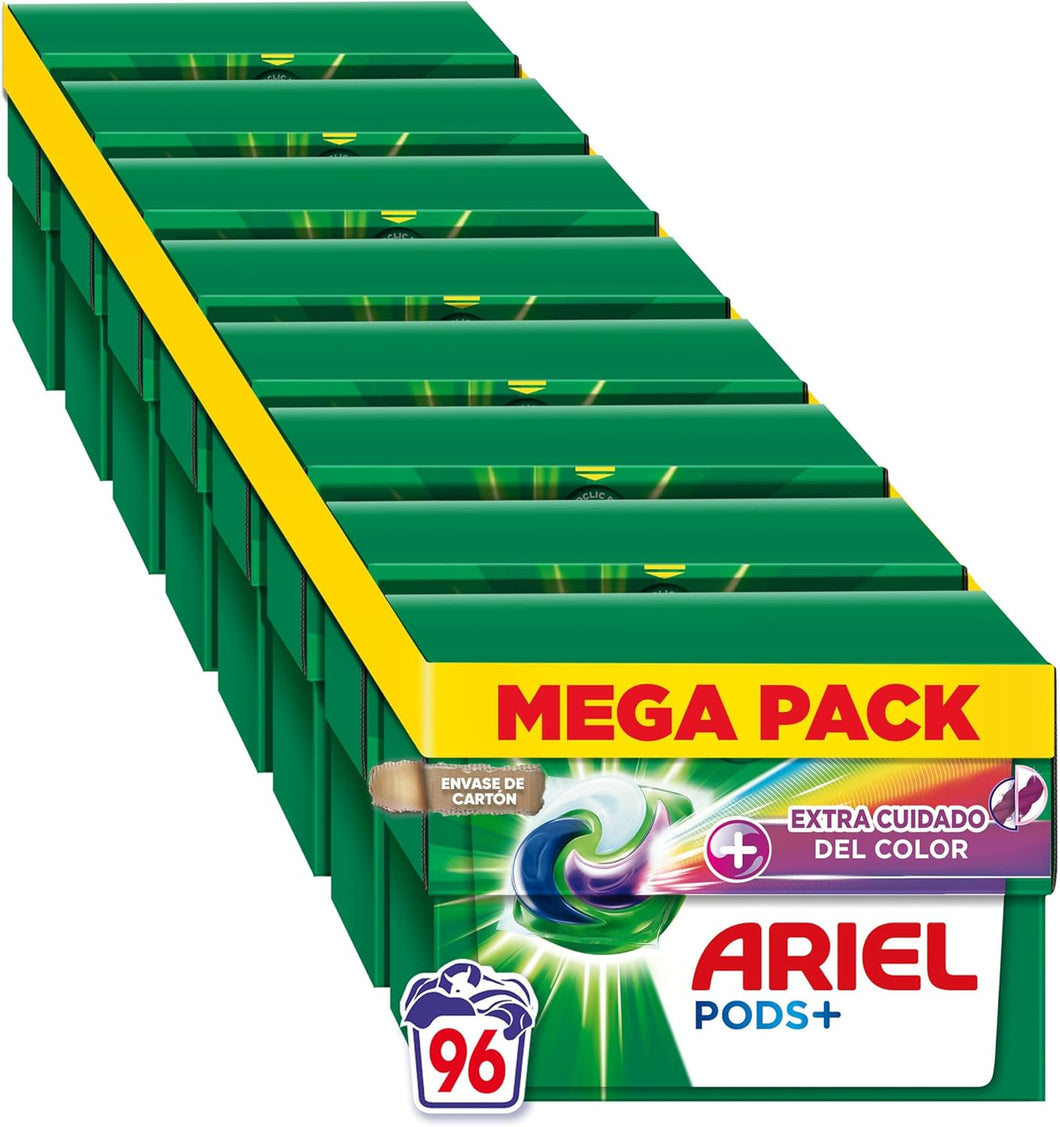 ARIEL PODS Tudo em 1 detergente máquina de lavar líquido em cápsulas/comprimidos, 96 lavagens (8 x 12), sabão limpeza profunda, mais cor, cuidado extra da cor e do brilho