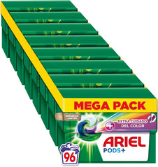 ARIEL PODS Tudo em 1 detergente máquina de lavar líquido em cápsulas/comprimidos, 96 lavagens (8 x 12), sabão limpeza profunda, mais cor, cuidado extra da cor e do brilho