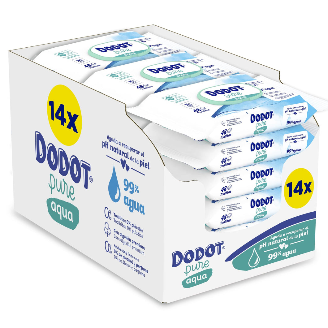 Dodot Toallitas Pure Aqua Para Bebé, 0% plástico 14 Paquetes De 48 Unidades = 672 Toallitas, Elaboradas Con 99% De Agua Para Una Limpieza Delicada