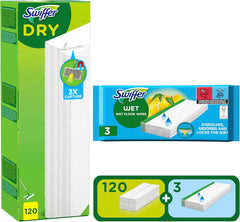 Swiffer Panos secos para roupa, peças sobresselentes secas 120 unidades e recargas húmidas para solos, 3 unidades, prende e retém 3 vezes muita poeira, sujidade e pelo que uma vassoura ou roupa