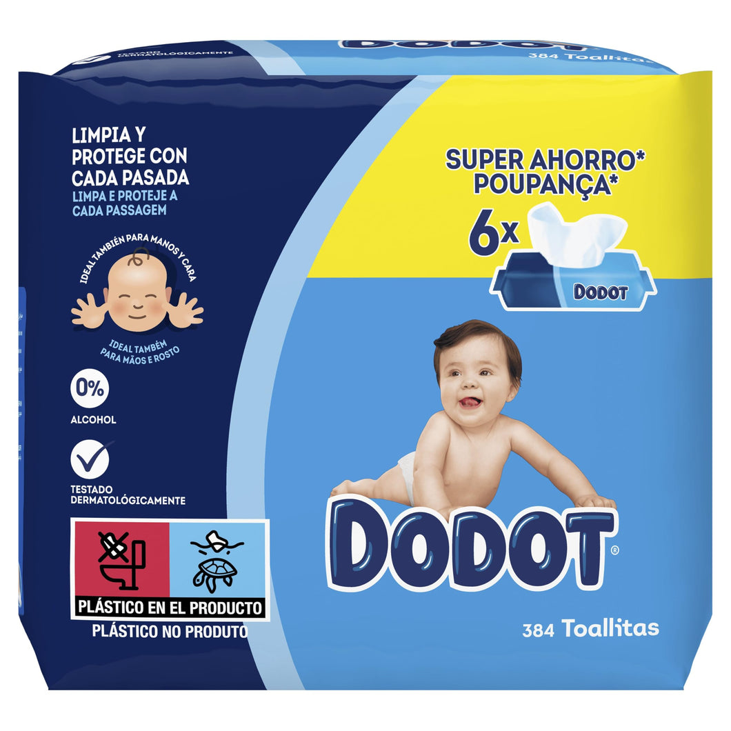 Dodot Toallitas Bebé Seco para Bebé, 384 toallitas, recupera el pH de la piel del bebé (6 Paquetes de 64)