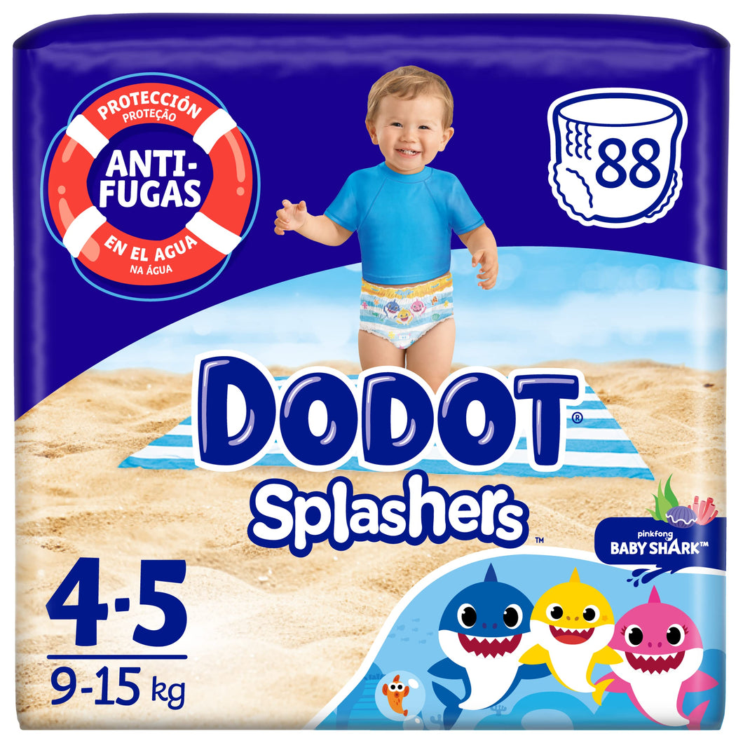 DODOT Splashers Baby Shark Talla 4, 88 Pañales Bebé Bañadores Desechables, 9kg - 15kg, Protección Anti-fugas En El Agua