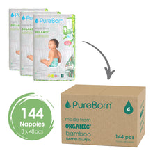 Carregar imagem no visualizador da galeria, PureBorn Pañales Bebé Ecológicos de Bambú, Talla 4 (7-12 kg), 144 piezas (3 x 48), Hipoalergénicos, Ultrasuaves, Estampado Surtido
