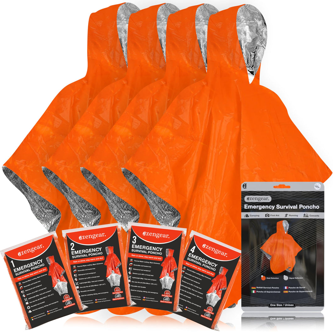 aZengear Poncho de Supervivencia (4 Piezas) Mantas térmicas de Emergencia para retención de Calor y Lluvia | Reversible con Capucha, Impermeable, Resistente al Viento | Senderismo