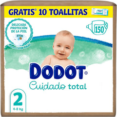 Dodot Fraldas Bebé Cuidado Total, Tamanho 2 (4-8 kg), 150 Fraldas + Oferta de 10 Toalhitas Aqua Pure 99% Água, Proteção Delicada da Pele, Pacote Mensal