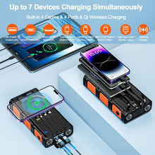 Carregar imagem no visualizador da galeria, Powerbank Solar Inalámbrico de 26800mAh con Manivela y 4 Cables, Batería Externa de Carga Rápida 3A con 7 Salidas y 4 Entradas, Linterna, Panel Solar Impermeable para Teléfono Móvil en Exteriores.

