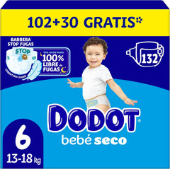 Dodot Fraldas Bebé-Seco, Tamanho 6 (13-18 kg), 132 Fraldas + Oferta de 1 Pack de 10 Toalhitas Aqua Pure 99% Água, Uma Noite Até 100% Livre de Fugas, Pack mensal