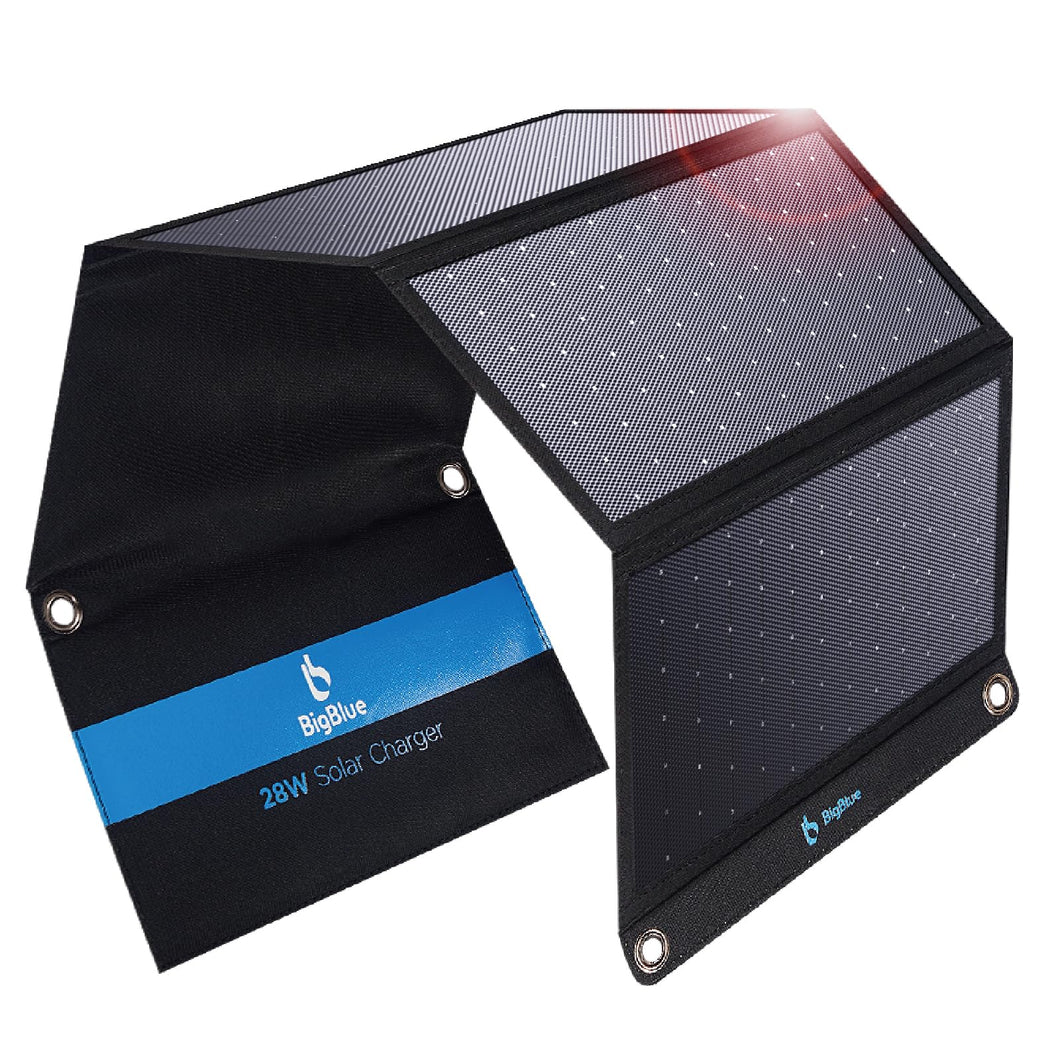 BigBlue 28W Cargador Panel Solar (5V/4,8A Total Máximo) IP44 Impermeable Placa Solar Plegable con 2 USB-C y 1 USB-A Puertos para Móviles, Tablets, GoPro y Otros Dispositivos Digitales
