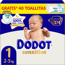 Carregar imagem no visualizador da galeria, Dodot Fraldas de Bebé Sensitive Tamanho 1 (2-5 kg), 174 Fraldas + 1 Pack de 40 Toalhitas Grátis de Aqua Plastic Free, Nº1 em Proteção da Pele de Dodot, Pack Mensal
