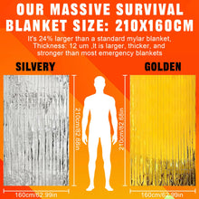 Carregar imagem no visualizador da galeria, PQETBV Manta Térmica de Emergencia 10 Piezas, Mantas de Aluminio en Dorado y Plateado, 210 ×160 cm, Mantas Termicas Supervivencia para Rescate Protege del Frío, la Lluvia, el Viento
