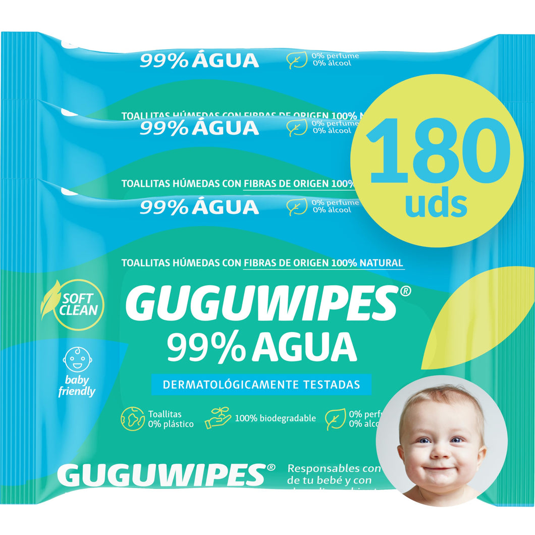 Guguwipes Toallitas húmedas para bebé 99% agua sin plástico - 180 uds (pack 60x3) - Fibras origen 100% natural