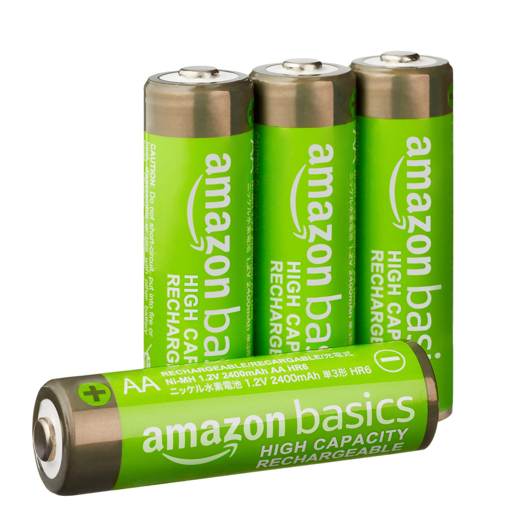 Amazon Basics - Paquete de 4 pilas recargables AA NiMH de alta capacidad, 2400 mAh, recargables hasta 400 veces, precargadas