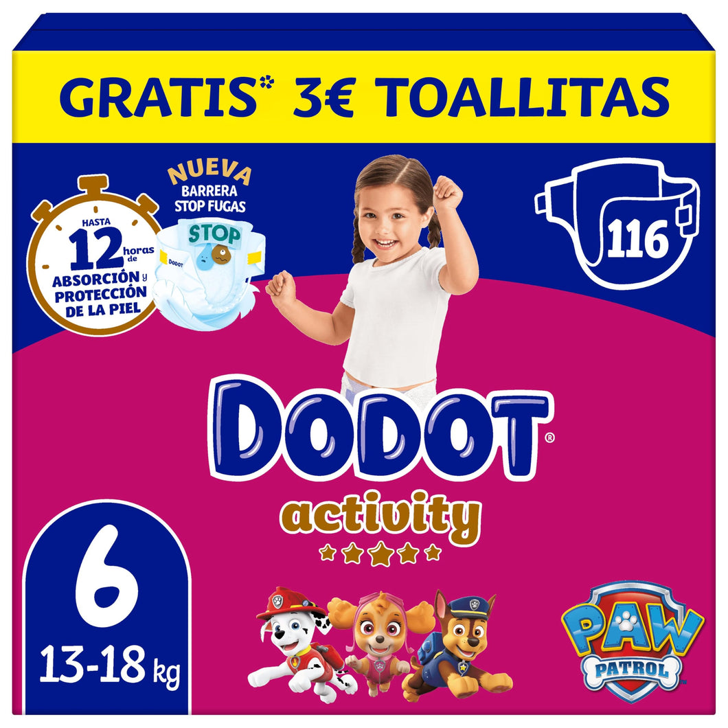Dodot Pañales Bebé Activity Talla 6, 116 Pañales, 13kg-18kg, Nuestro n1 en absorción y comodidad