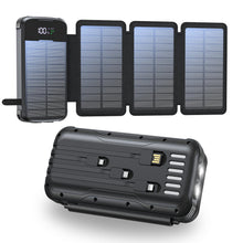 Carregar imagem no visualizador da galeria, Solar Power Bank 27000mAh,Cargador Portátil con 4 Cargadores Plegables de Panel Solar Externo,4 Cables Integrados,Batería Solar Externa USB C con 2 Linternas LED, para iPhone,Tablets(Negro)
