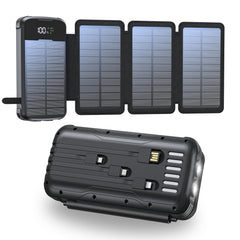 Solar Power Bank 27000mAh,Cargador Portátil con 4 Cargadores Plegables de Panel Solar Externo,4 Cables Integrados,Batería Solar Externa USB C con 2 Linternas LED, para iPhone,Tablets(Negro)