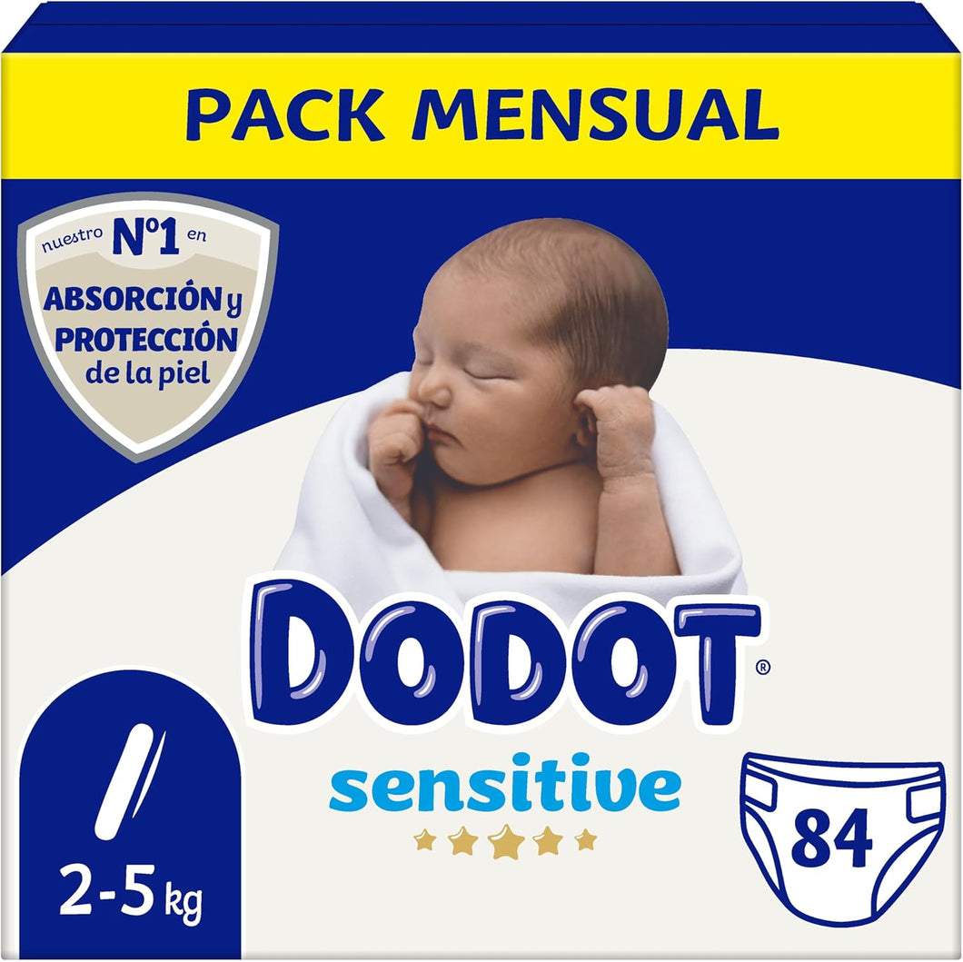 Dodot Pañales Sensitive Talla 1, 84 Unidades - Pañales para Piel Sensible con Indicador de Humedad y Alta Absorción