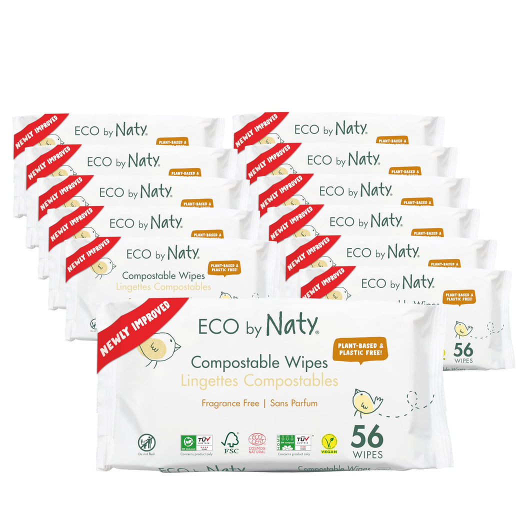 Eco by Naty Toallitas para bebé sin perfume - Toallitas húmedas 100% compostables y de origen vegetal, buenas para bebés y recién nacidos de piel sensible (672 unidades - 12 paquetes de 56)