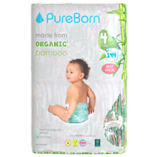 Carregar imagem no visualizador da galeria, PureBorn Pañales Bebé Ecológicos de Bambú, Talla 4 (7-12 kg), 144 piezas (3 x 48), Hipoalergénicos, Ultrasuaves, Estampado Surtido
