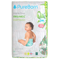 PureBorn Pañales Bebé Ecológicos de Bambú, Talla 4 (7-12 kg), 144 piezas (3 x 48), Hipoalergénicos, Ultrasuaves, Estampado Surtido