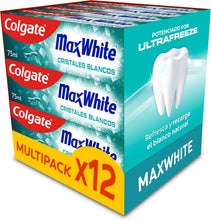 Carregar imagem no visualizador da galeria, Pasta de dentes Colgate Max White pasta de dentes cristais brancos 12 x 75 ml, frescura melhorada por UltraFreeze, 10 x mais durável, recupera o branco natural dos seus dentes, explosão instantânea de fresco
