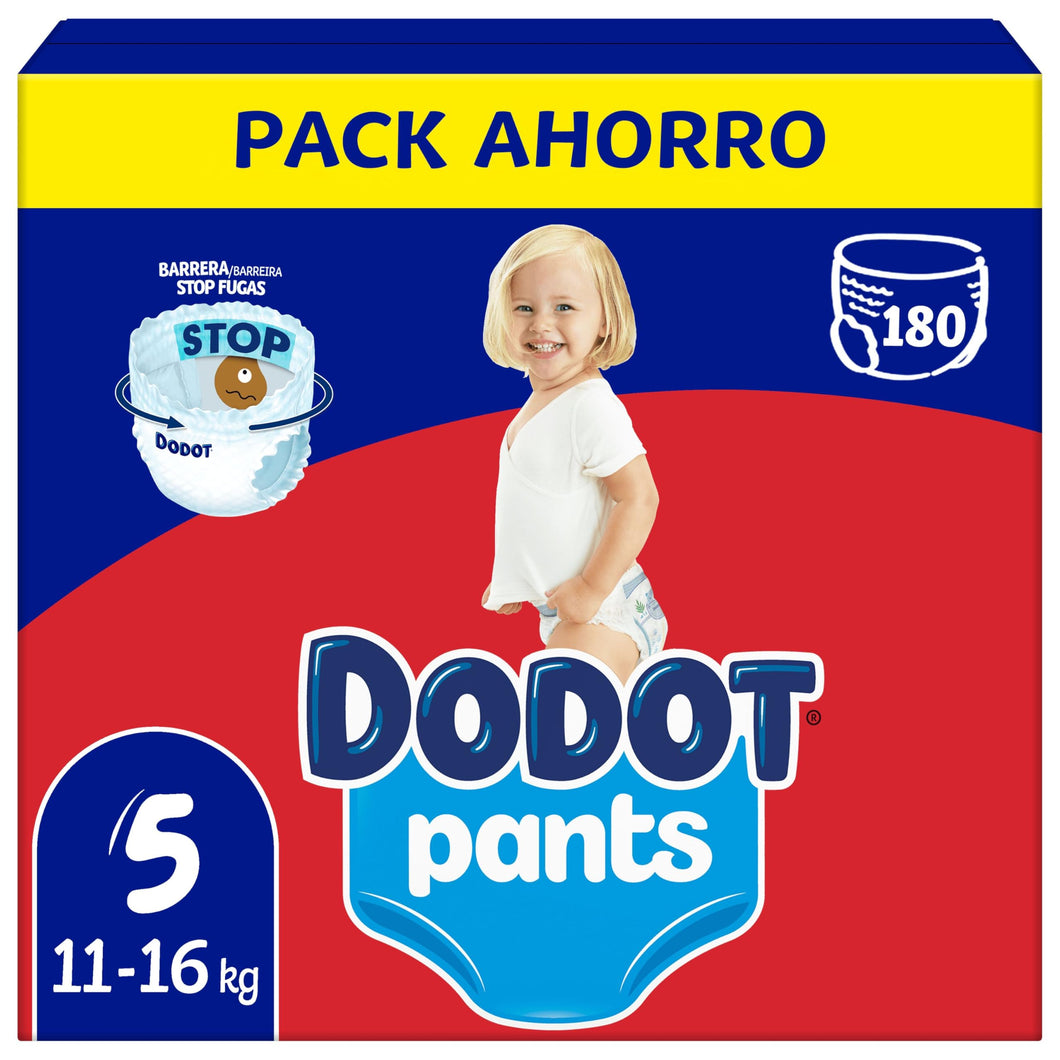 Dodot Bebé Pants Pañales, Talla 5, 12-17 kg, 180 Pañales, Pañal-Braguita con Ajuste 360° Anti-Fugas, Pack Mensual